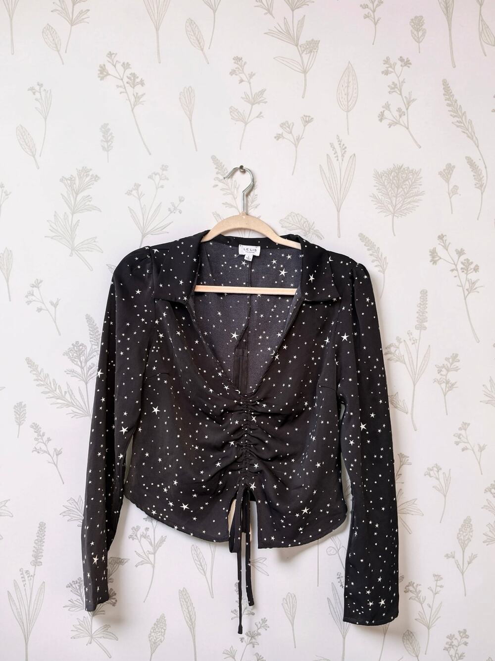 Le Lis Black Star Print Blouse Womens Large Ruched Drawstring Long Sleeve Y2K